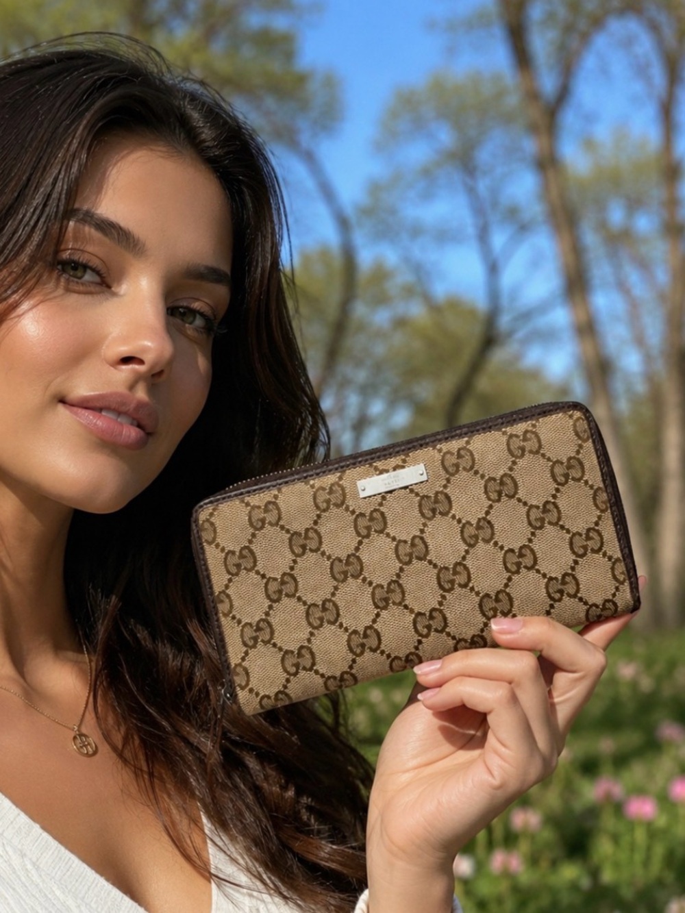 - GUCCI Monogram Metal Bar Zip Around
Wallet. Some wear on edges .